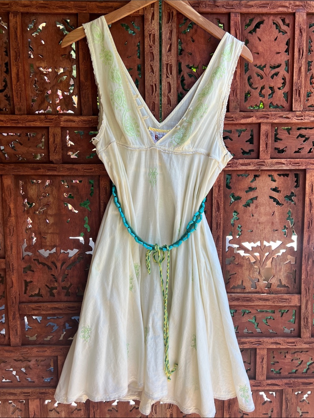 Free People Cream Linen V-Neck Dress with Yellow Trim